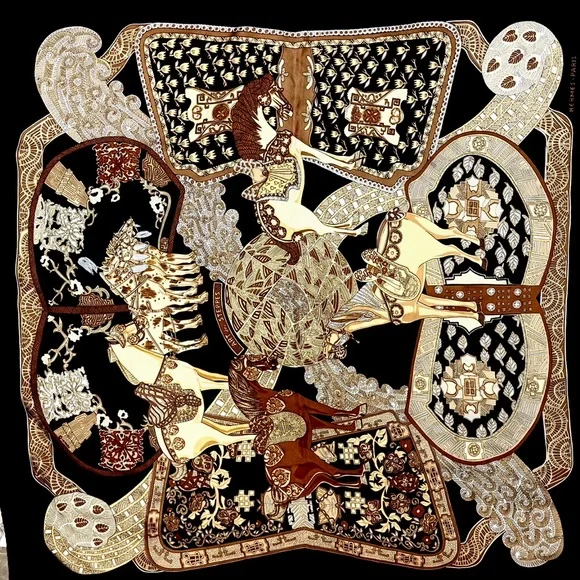 Hermes Silk Scarf in Black, Tan, Gold and White - Picture 6 of 6